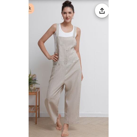 Artsy Hunter & Brown Boho Chic Linen Blend Overalls Natural Oatmeal M - Picture 1 of 6